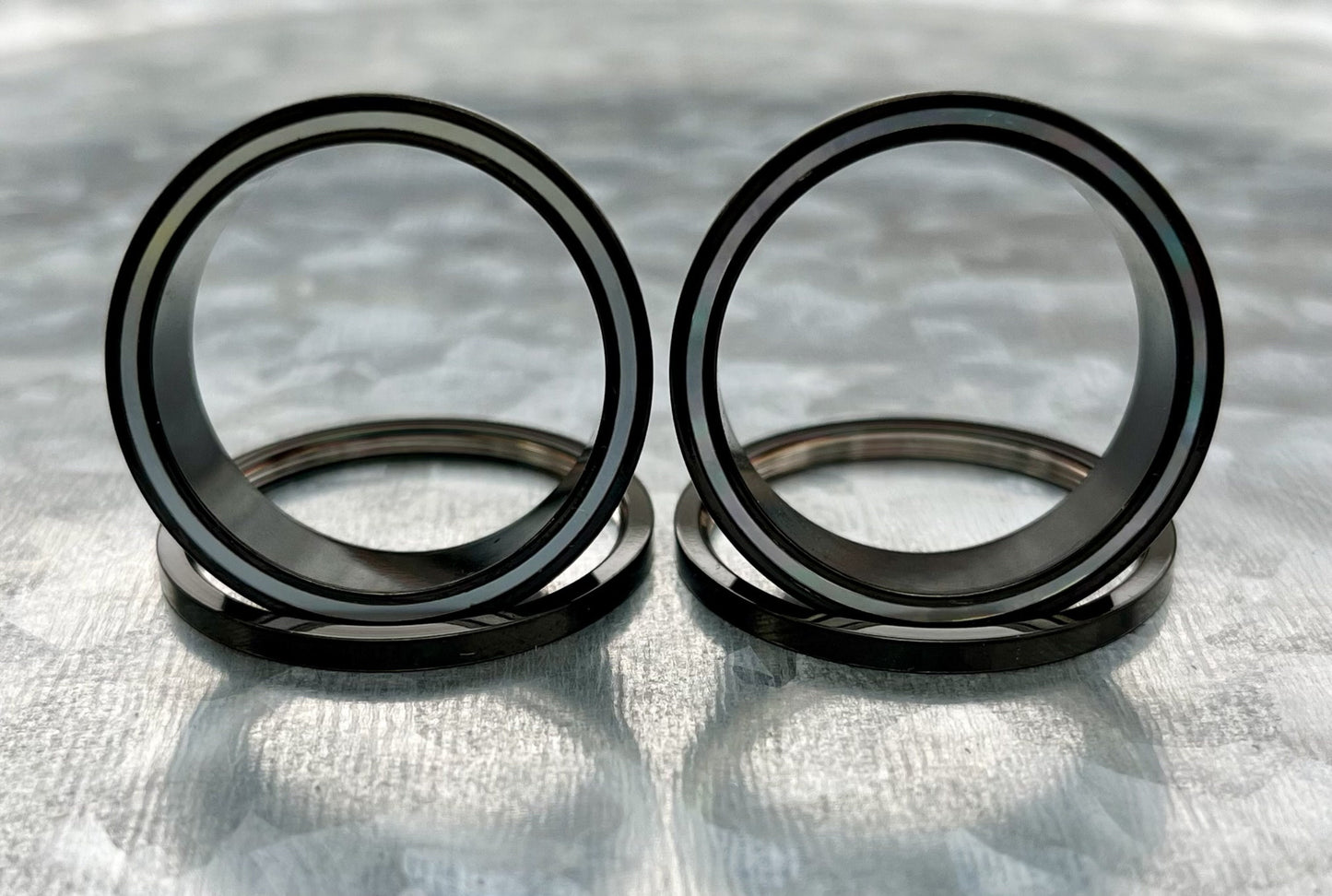 PAIR of Beautiful Mother of Pearl Rimmed Black Screw Fit Tunnels Plugs - Gauges 2g (6mm) thru 1" (25mm) available!