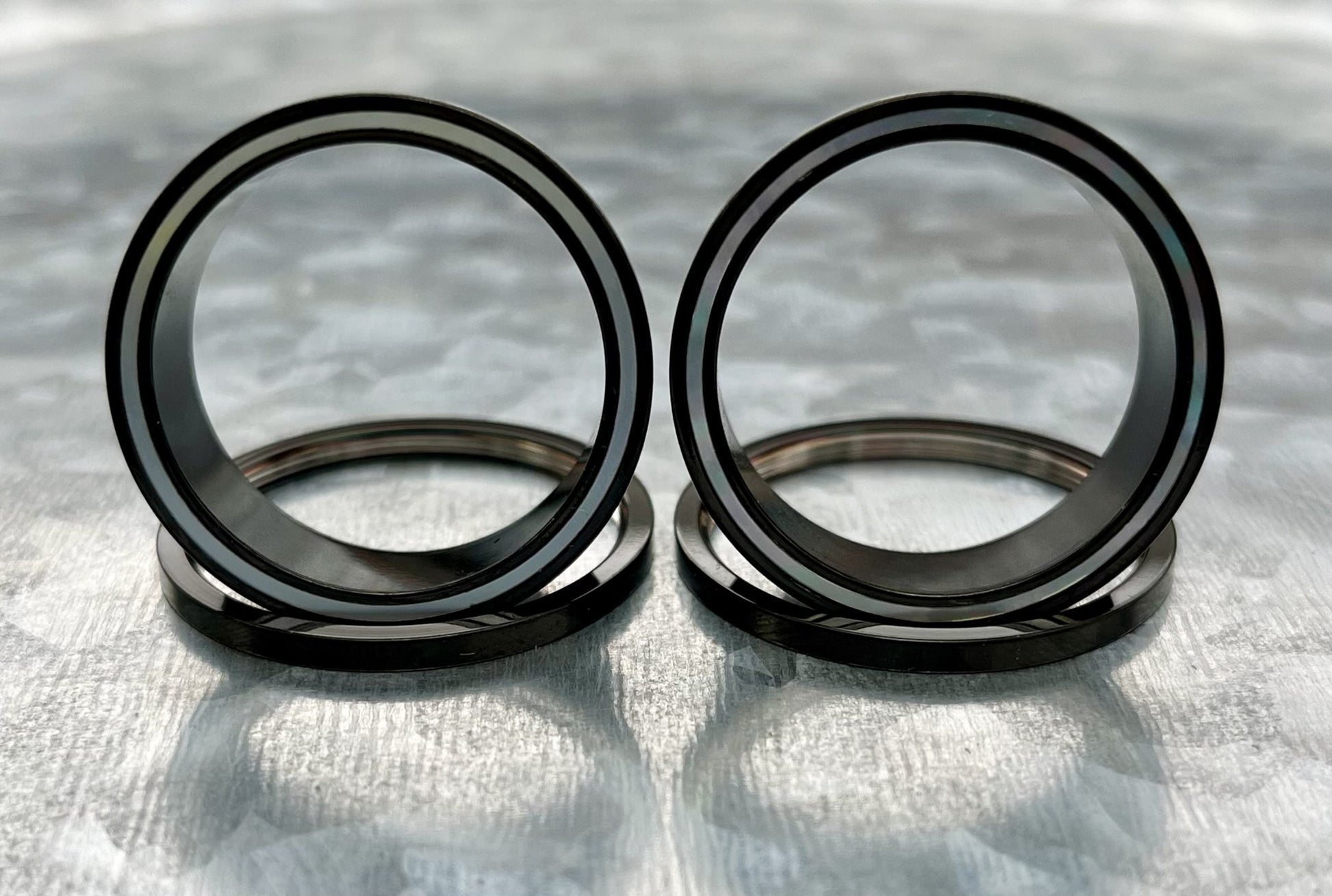 PAIR of Beautiful Mother of Pearl Rimmed Black Screw Fit Tunnels Plugs - Gauges 2g (6mm) thru 1" (25mm) available!