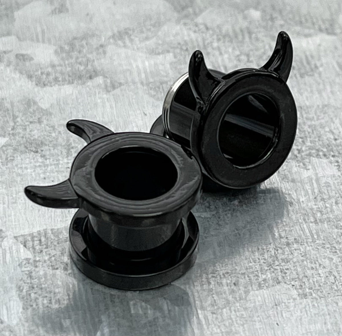 PAIR of Unique Devil Horns Black PVD Steel Screw Fit Tunnels Plugs - Gauges 2g (6mm) thru 5/8" (16mm) Available!