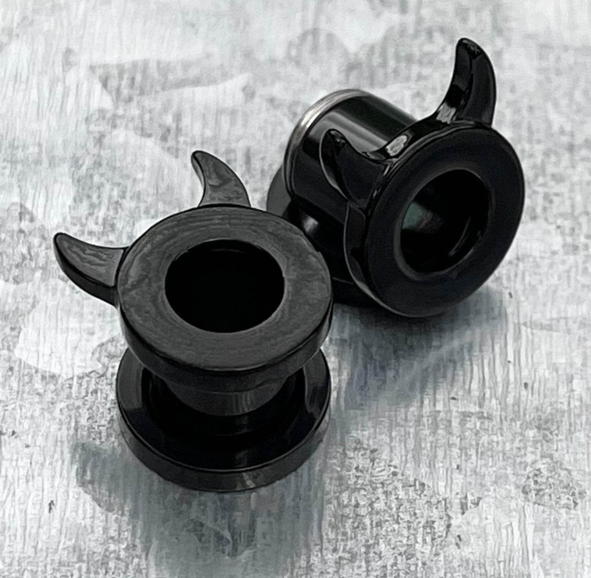 PAIR of Unique Devil Horns Black PVD Steel Screw Fit Tunnels Plugs - Gauges 2g (6mm) thru 5/8" (16mm) Available!