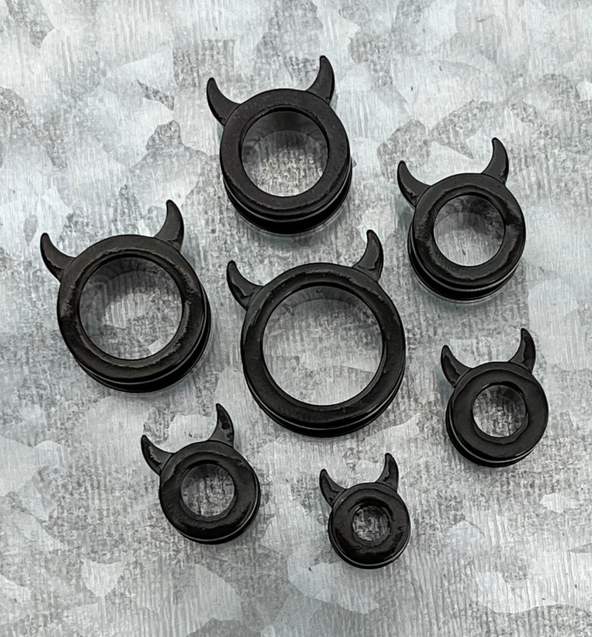 PAIR of Unique Devil Horns Black PVD Steel Screw Fit Tunnels Plugs - Gauges 2g (6mm) thru 5/8" (16mm) Available!