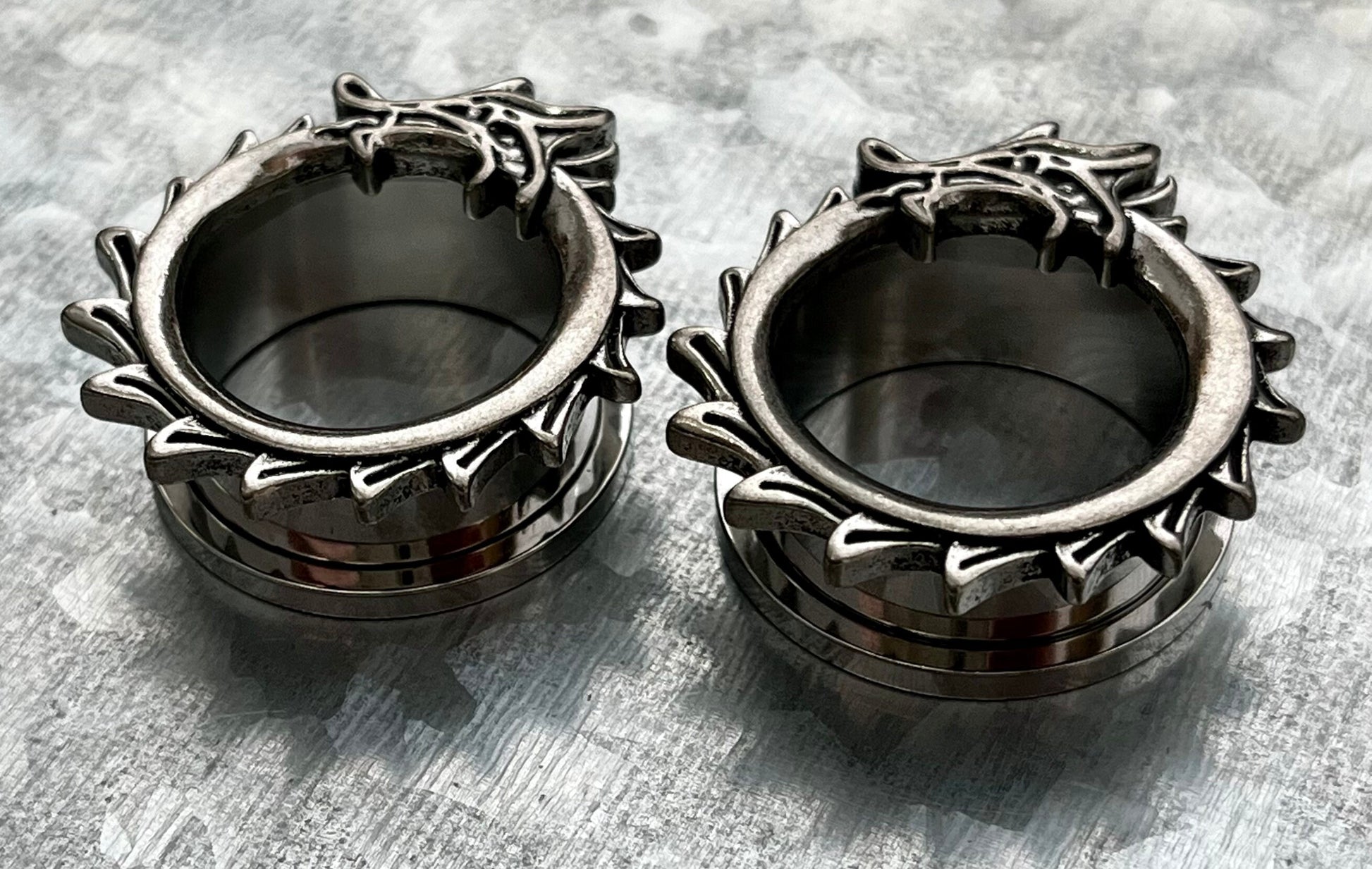 PAIR of Unique Coiled Dragon Rimmed Steel Screw Fit Steel Tunnels/Plugs - Gauges 0g (8mm) thru 1" (25mm) available!
