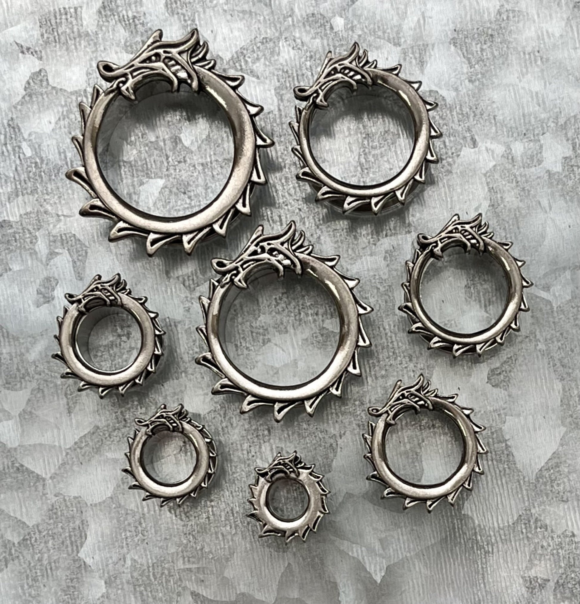 PAIR of Unique Coiled Dragon Rimmed Steel Screw Fit Steel Tunnels/Plugs - Gauges 0g (8mm) thru 1" (25mm) available!