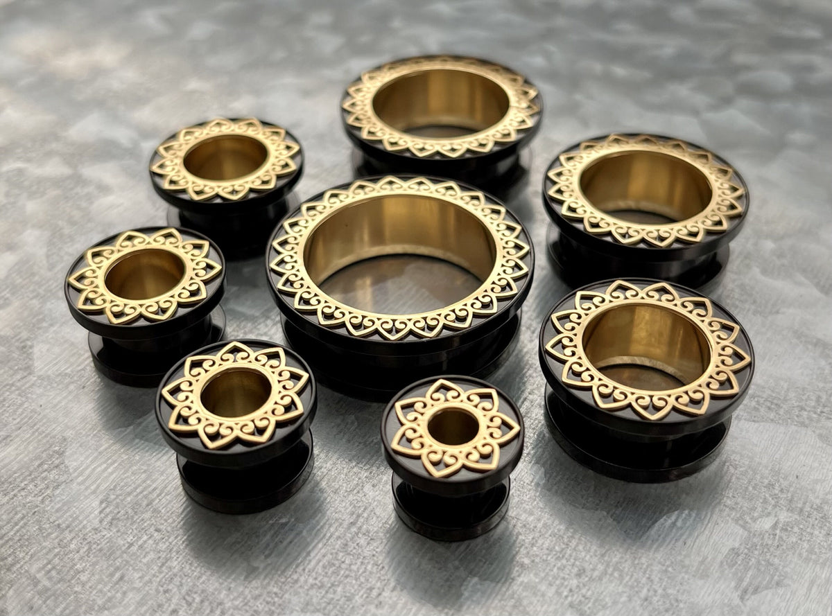 PAIR of Unique Black with Gold Filigree Rim & Interior Screw Fit Tunnels/Plugs - Gauges 0g (8mm) through 1" (25mm) available!