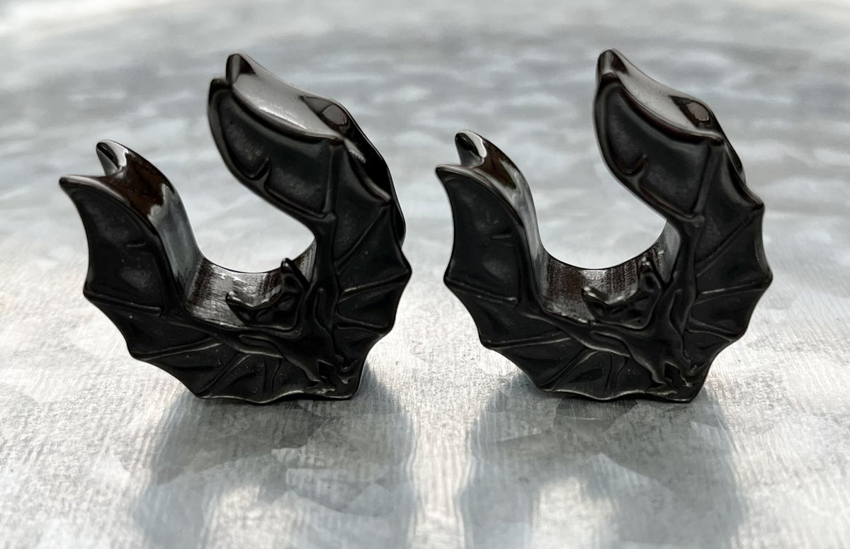 PAIR of Unique Black Bat Saddle Gothic Ear Spreader Surgical Steel Tunnels/Plugs - Gauges 0g (8mm) through 1" (25mm) available!