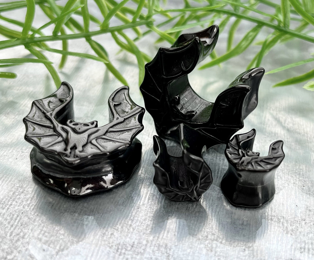 PAIR of Unique Black Bat Saddle Gothic Ear Spreader Surgical Steel Tunnels/Plugs - Gauges 0g (8mm) through 1" (25mm) available!