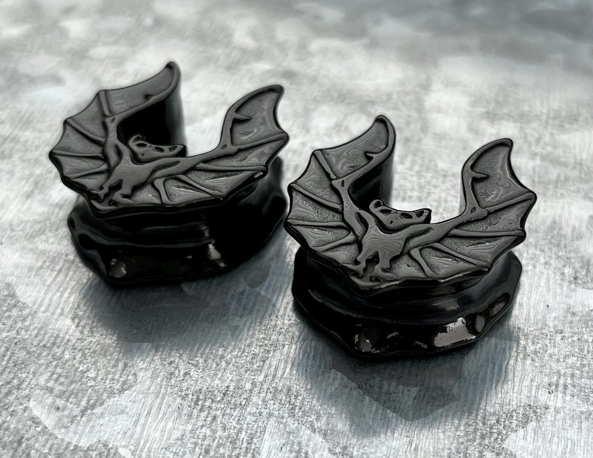 PAIR of Unique Black Bat Saddle Gothic Ear Spreader Surgical Steel Tunnels/Plugs - Gauges 0g (8mm) through 1" (25mm) available!