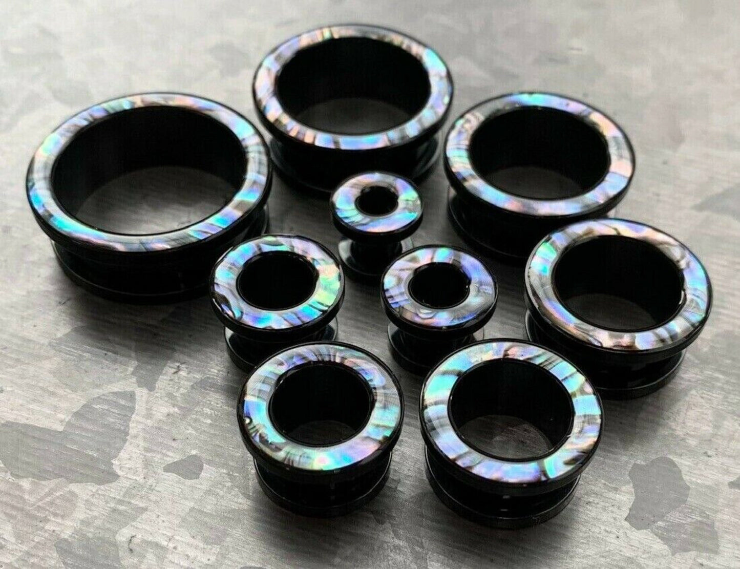 PAIR of Beautiful Abalone Rimmed Black Screw Fit Tunnels Plugs - Gauges 2g (6mm) thru 1" (25mm) available!