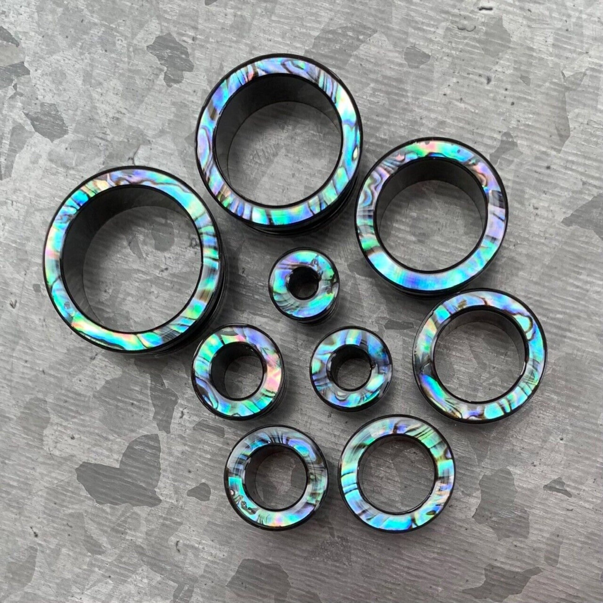 PAIR of Beautiful Abalone Rimmed Black Screw Fit Tunnels Plugs - Gauges 2g (6mm) thru 1" (25mm) available!