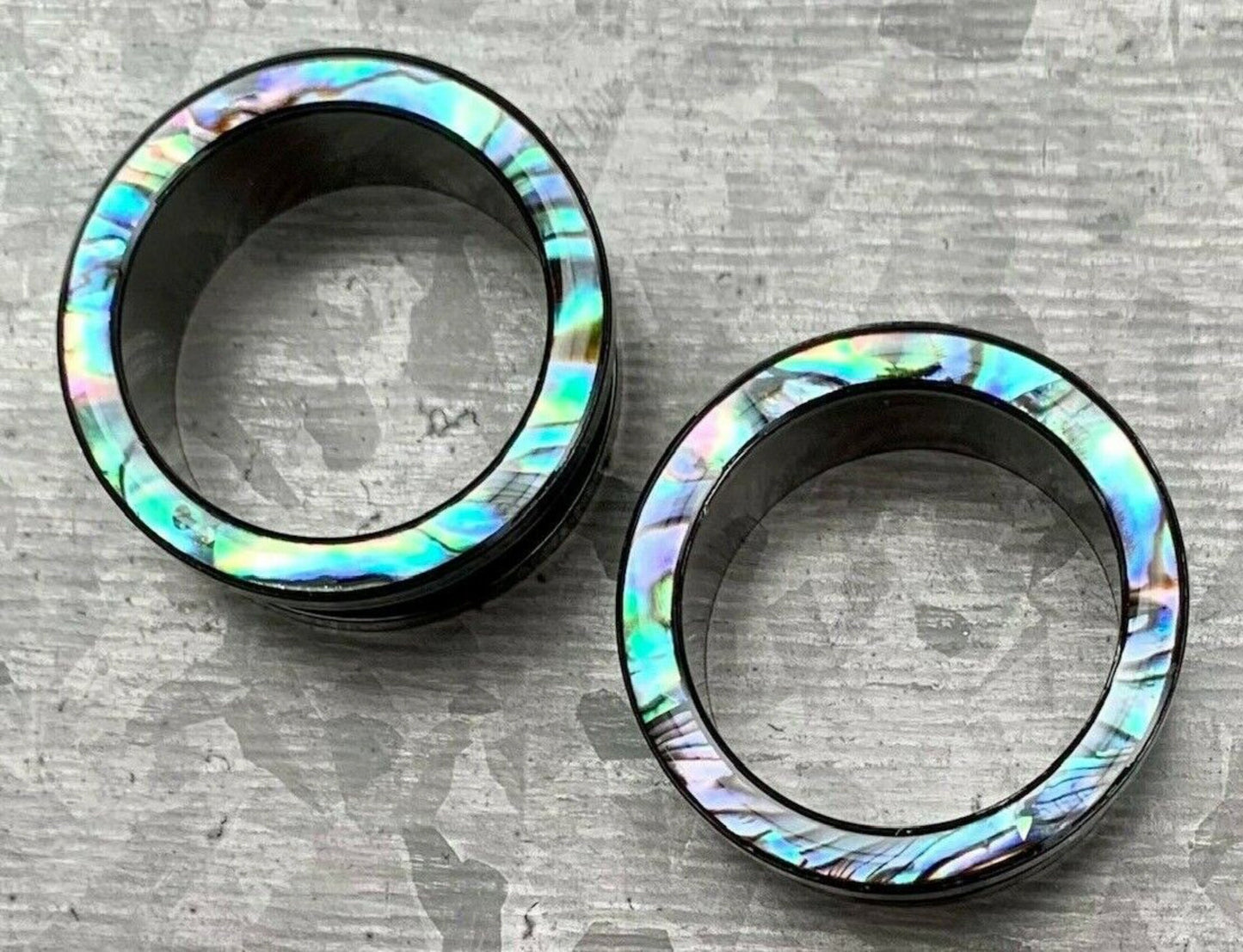 PAIR of Beautiful Abalone Rimmed Black Screw Fit Tunnels Plugs - Gauges 2g (6mm) thru 1" (25mm) available!