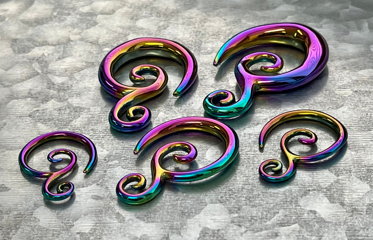 PAIR of Stunning Rainbow Double Swirl 316L Surgical Steel Hanging Tapers Expanders - Gauges 12g (2mm) thru 0g (8mm) Available!