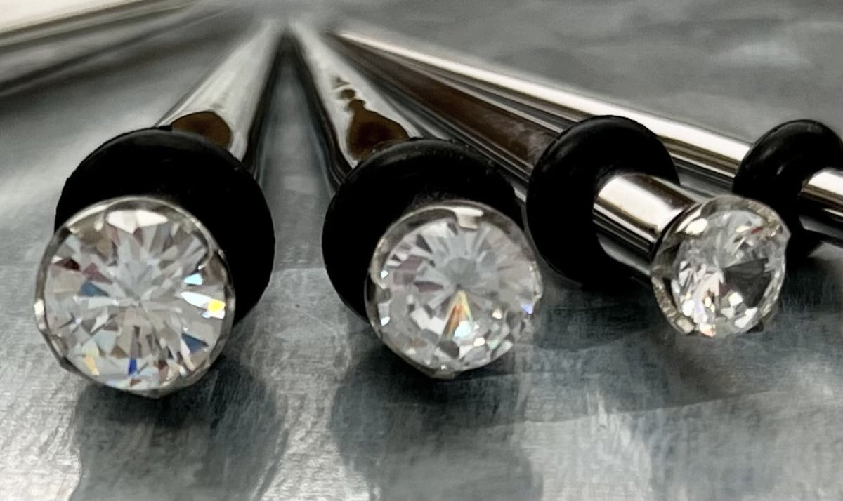PAIR of Stunning Prong Set CZ Gem Straight Steel Tapers with O-Rings - Gauges 8g (3mm) thru 0g (8mm) available!