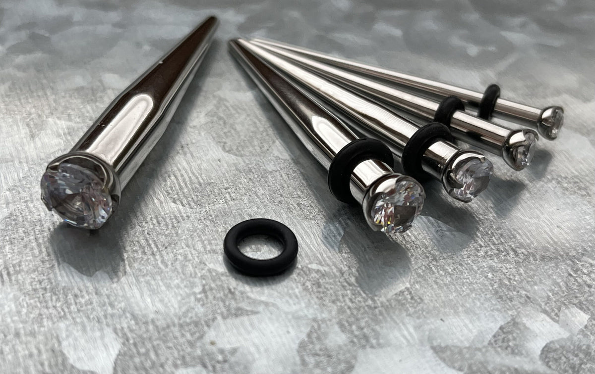 PAIR of Stunning Prong Set CZ Gem Straight Steel Tapers with O-Rings - Gauges 8g (3mm) thru 0g (8mm) available!