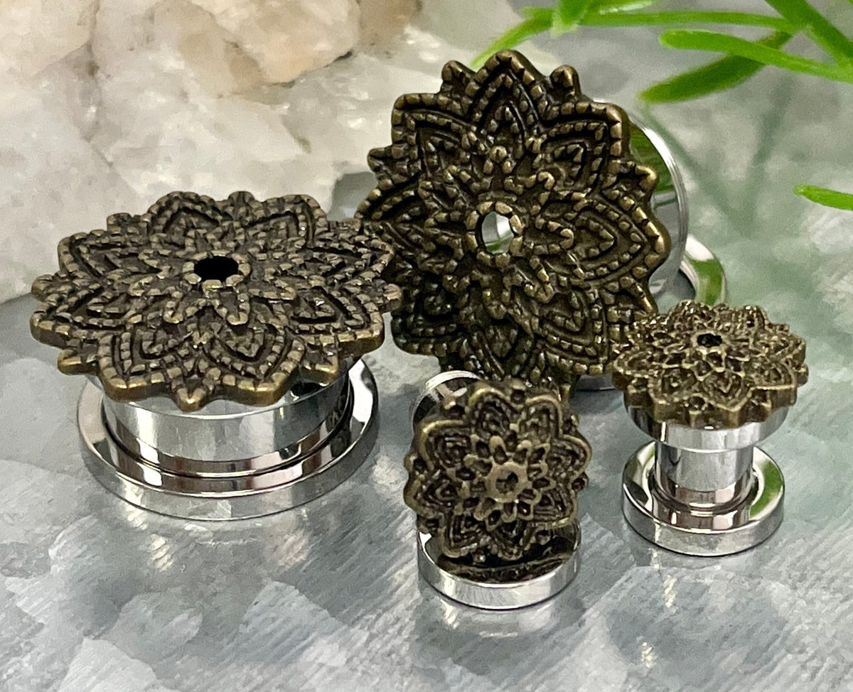 PAIR of Unique Manish Lotus Flower Top Design Screw Fit Steel Tunnels/Plugs - Gauges 2g (6mm) thru 5/8" (16mm) Available!