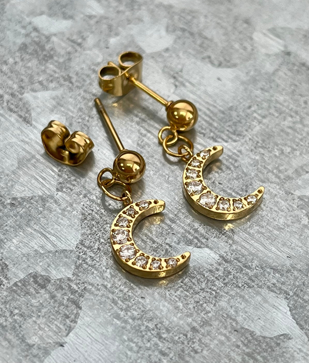 Pair of Stunning CZ Gem Crescent Moon Dangles 316L Stainless Steel Ball Stud Earrings - Gauges 20g - Gold, Rose Gold and Silver Available!