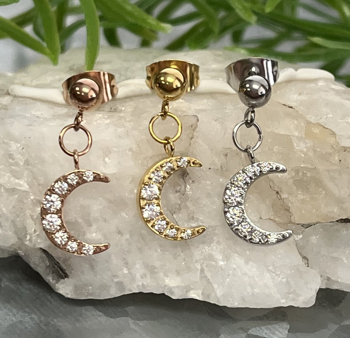 Pair of Stunning CZ Gem Crescent Moon Dangles 316L Stainless Steel Ball Stud Earrings - Gauges 20g - Gold, Rose Gold and Silver Available!