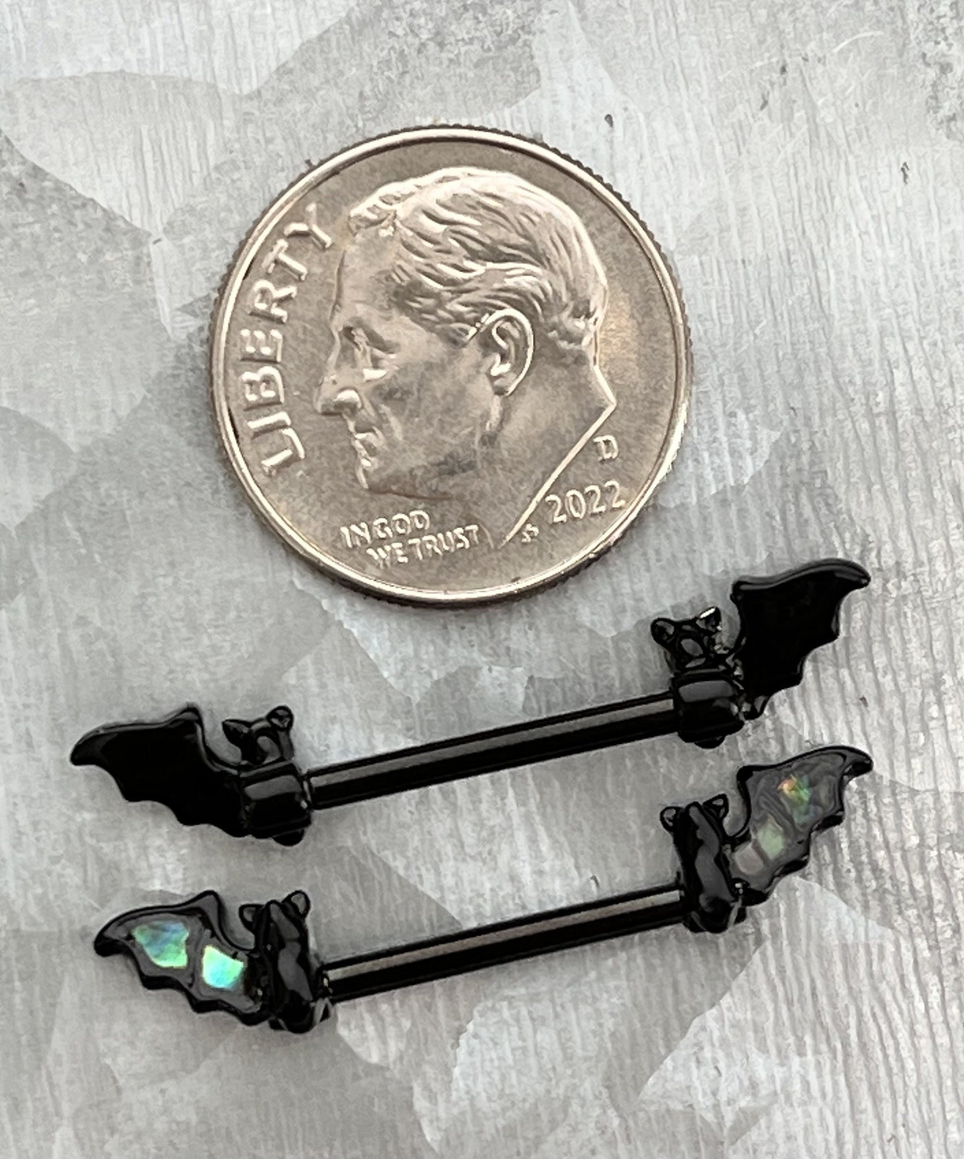 PAIR of Unique Abalone Bat Surgical Barbell Nipple Rings - 14g - 14mm (9/16") Wearable Length!