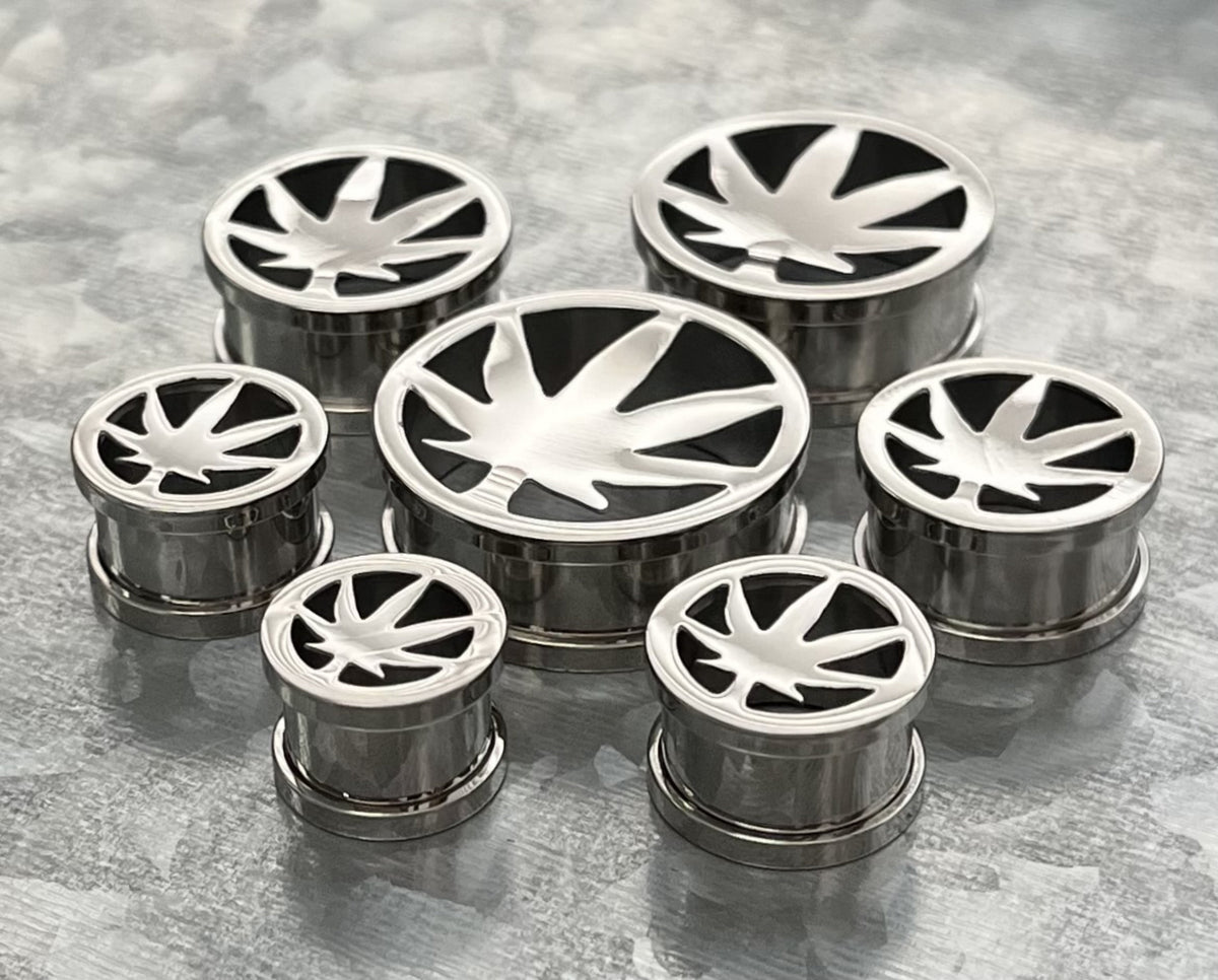 PAIR of Unique Pot Leaf Marijuana Steel Screw Fit Tunnels/Plugs - Gauges 0g (8mm) thru 1" (25mm) available!