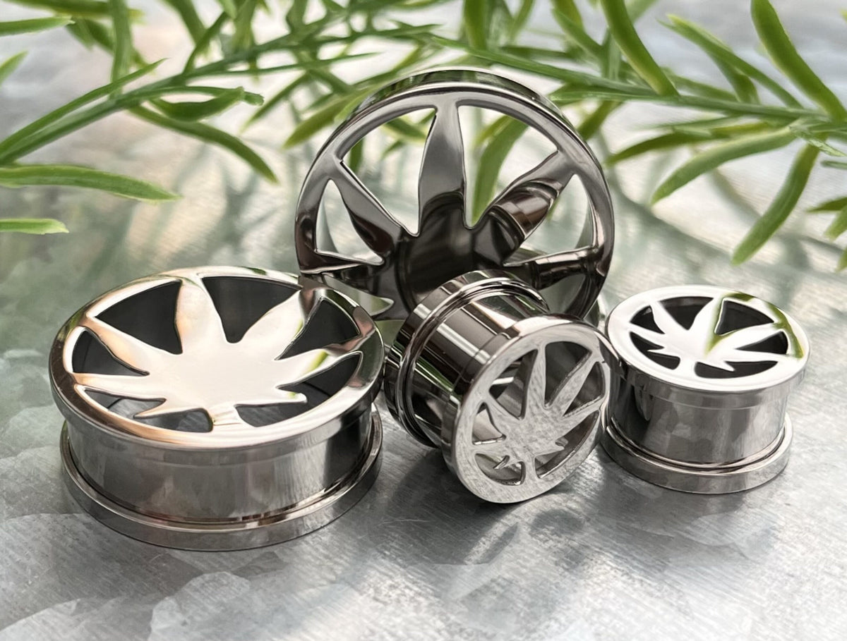 PAIR of Unique Pot Leaf Marijuana Steel Screw Fit Tunnels/Plugs - Gauges 0g (8mm) thru 1" (25mm) available!