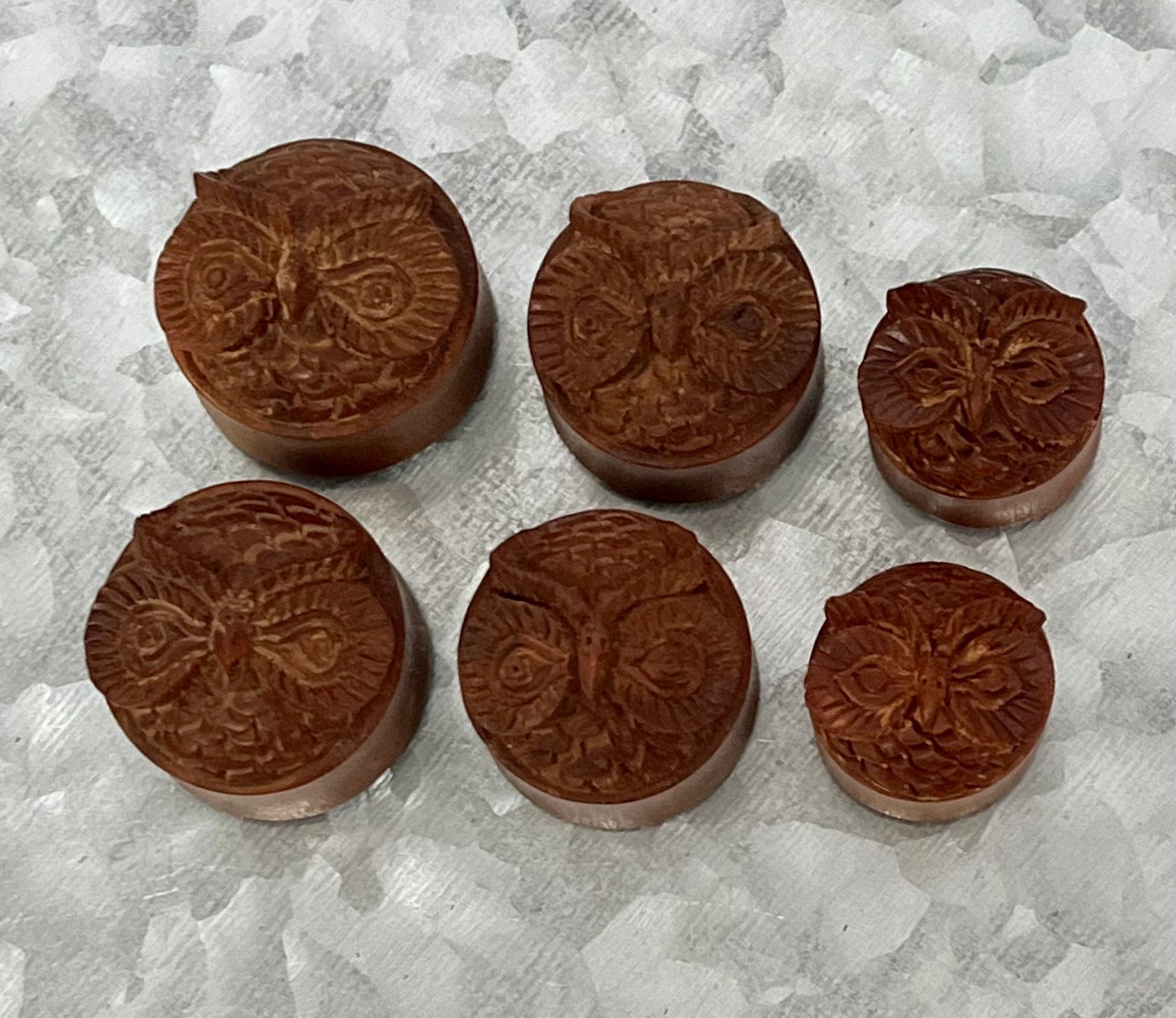 PAIR of Unique Carved Owl in Red Saba Wood Saddle Plug/Tunnels - Gauges 11/16" (18mm), 7/8" (22mm) or 15/16" (24mm) Available!