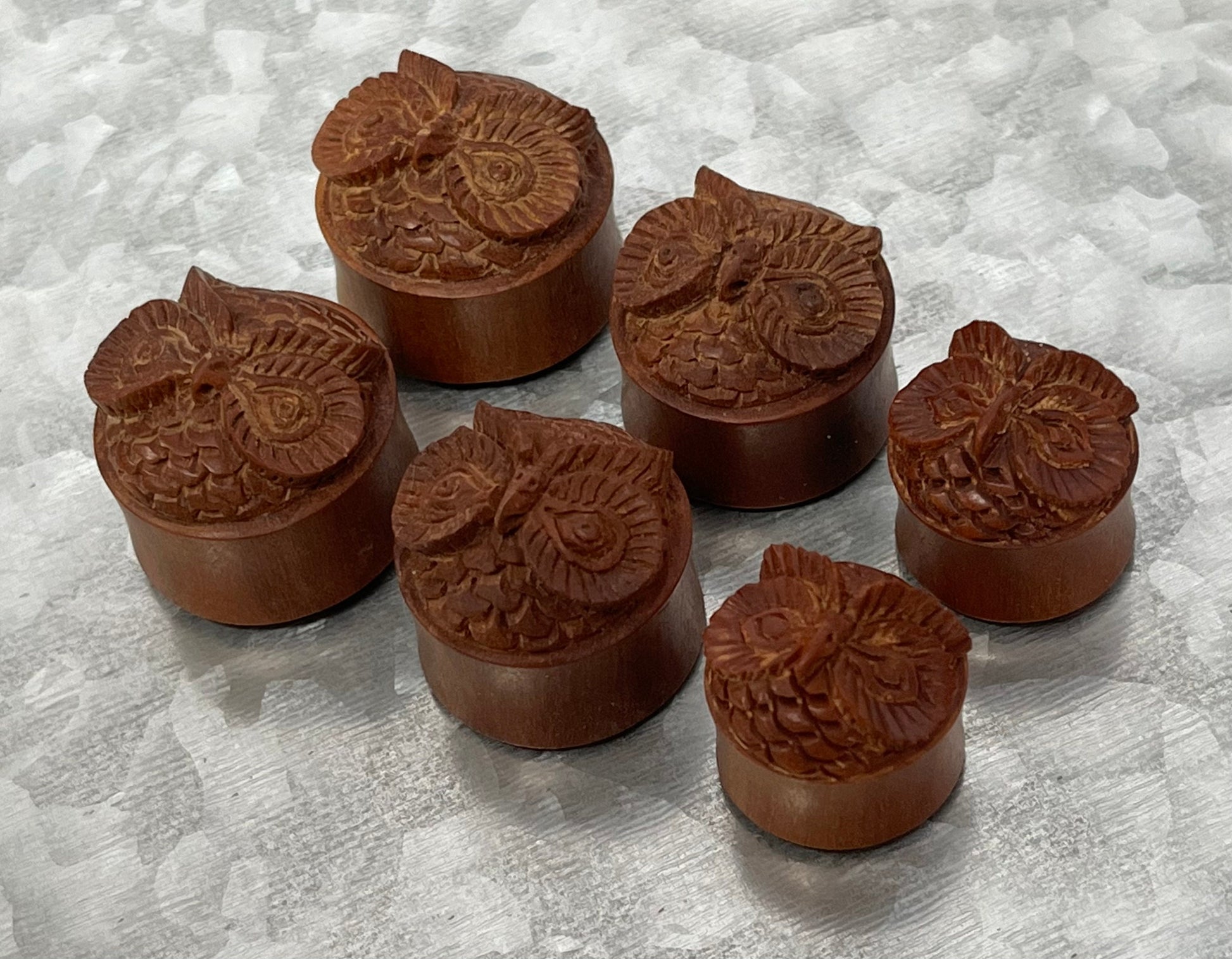 PAIR of Unique Carved Owl in Red Saba Wood Saddle Plug/Tunnels - Gauges 11/16" (18mm), 7/8" (22mm) or 15/16" (24mm) Available!