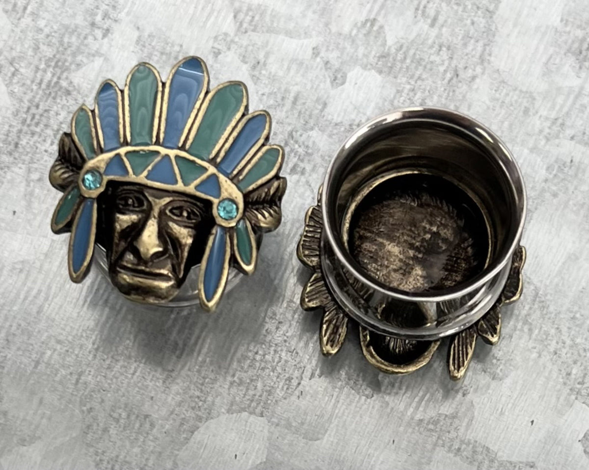 PAIR of Unique Turquoise Enamel Headdress Tribal Chief Double Flare Steel Tunnels/Plugs - Gauges 0g (8mm) thru 5/8" (16mm) Available!