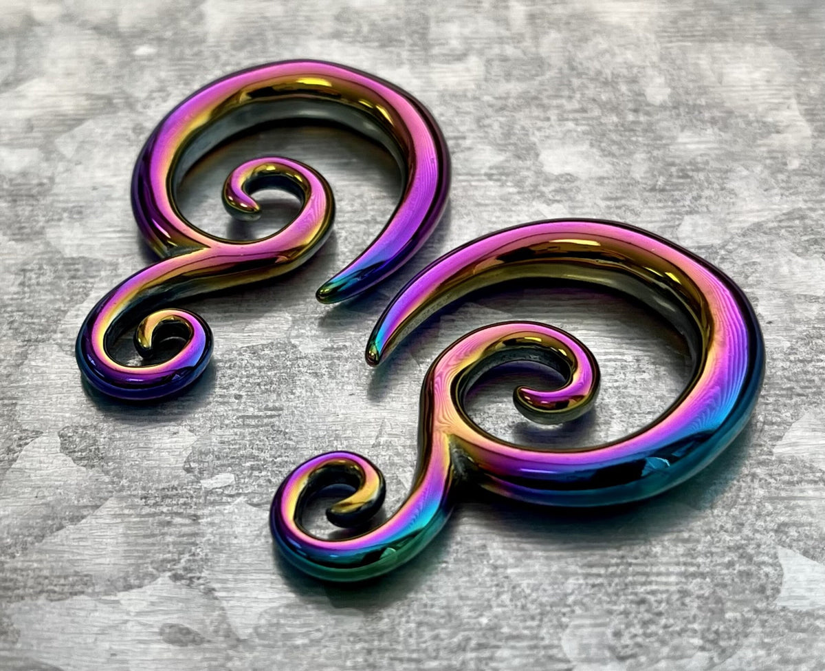 PAIR of Stunning Rainbow Double Swirl 316L Surgical Steel Hanging Tapers Expanders - Gauges 12g (2mm) thru 0g (8mm) Available!