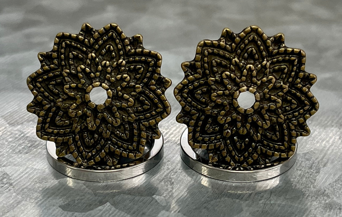 PAIR of Unique Manish Lotus Flower Top Design Screw Fit Steel Tunnels/Plugs - Gauges 2g (6mm) thru 5/8" (16mm) Available!
