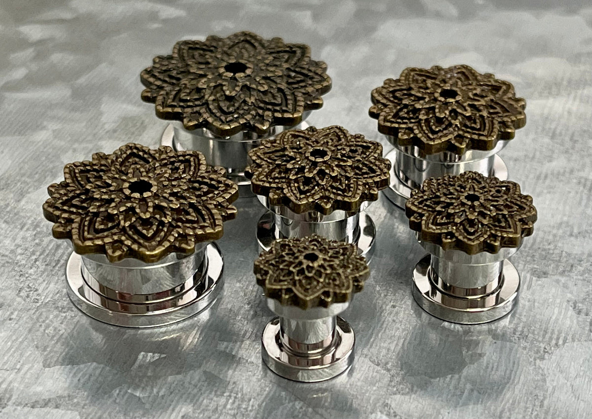 PAIR of Unique Manish Lotus Flower Top Design Screw Fit Steel Tunnels/Plugs - Gauges 2g (6mm) thru 5/8" (16mm) Available!