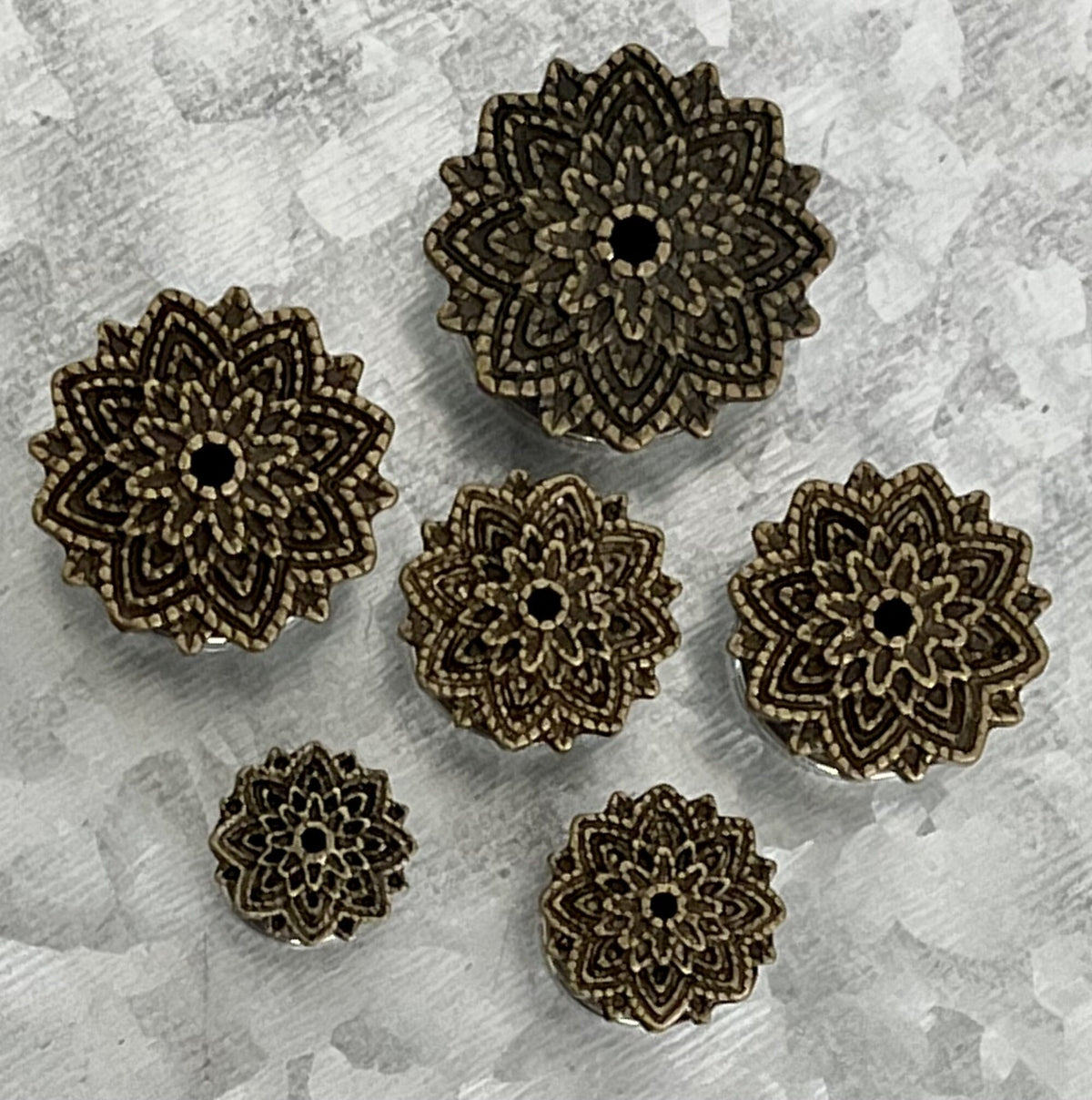 PAIR of Unique Manish Lotus Flower Top Design Screw Fit Steel Tunnels/Plugs - Gauges 2g (6mm) thru 5/8" (16mm) Available!
