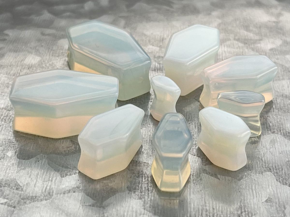PAIR of Unusual Coffin Shaped Opalite Glass Stone Double Flare Plugs - Gauges 2g (6mm) to 1" (25mm) Available!