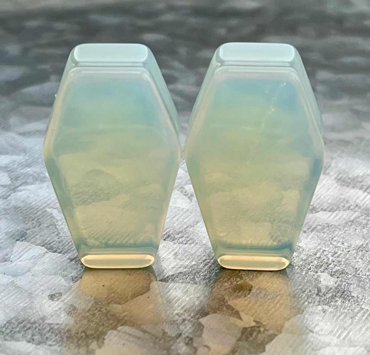 PAIR of Unusual Coffin Shaped Opalite Glass Stone Double Flare Plugs - Gauges 2g (6mm) to 1" (25mm) Available!