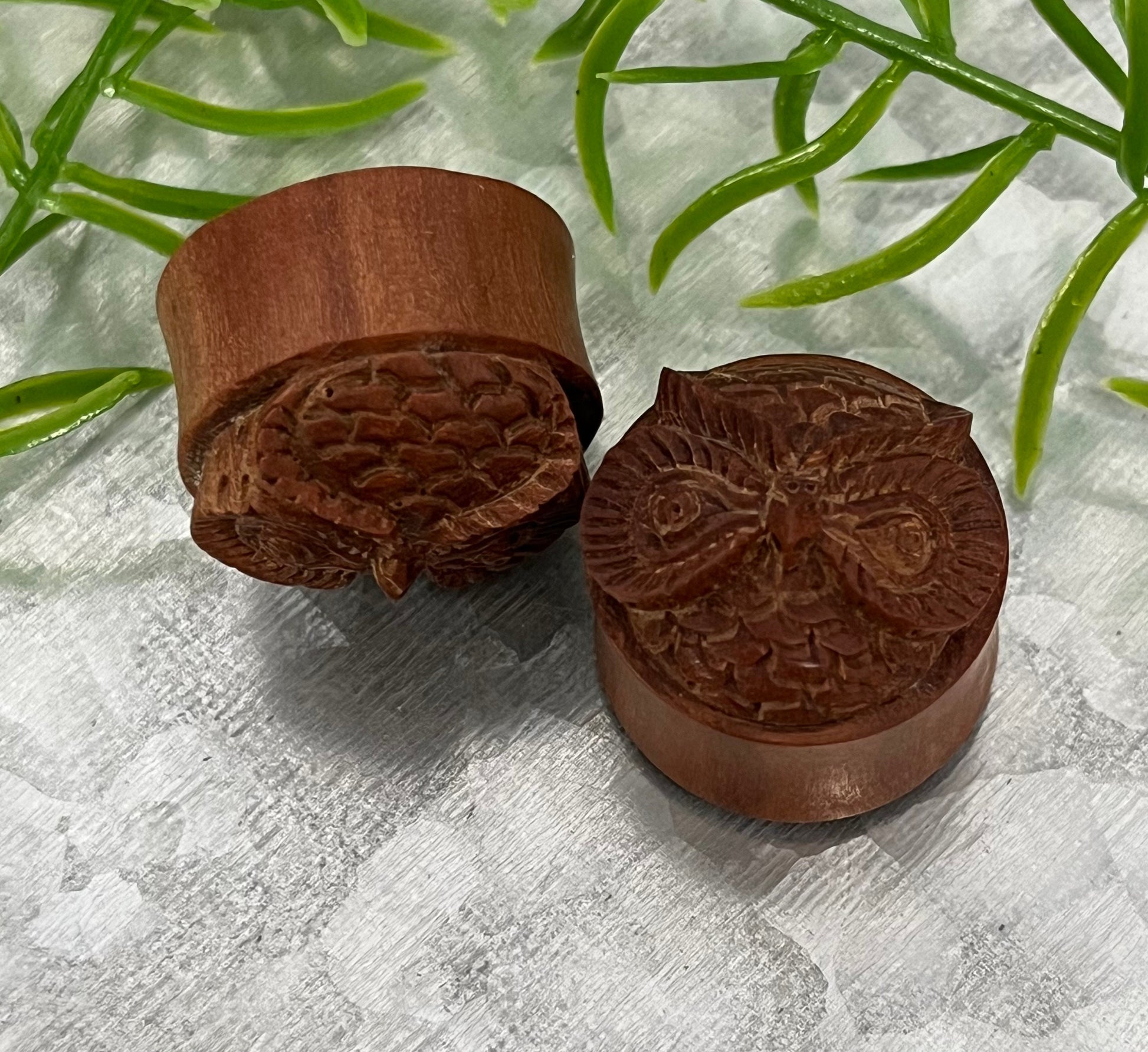 PAIR of Unique Carved Owl in Red Saba Wood Saddle Plug/Tunnels - Gauges 11/16" (18mm), 7/8" (22mm) or 15/16" (24mm) Available!