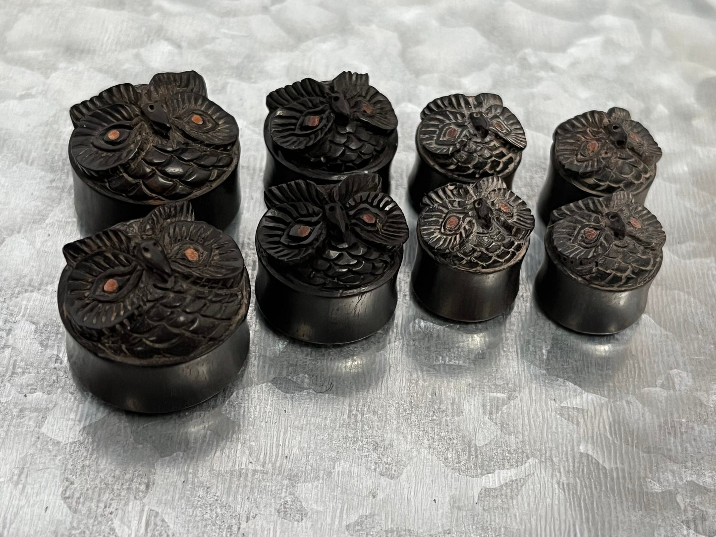 PAIR of Unusual Carved Owl in Ebony Wood Saddle Plugs/Tunnels - Gauges 9/16" (14mm), 11/16" (18mm) & 7/8" (22mm) Available!