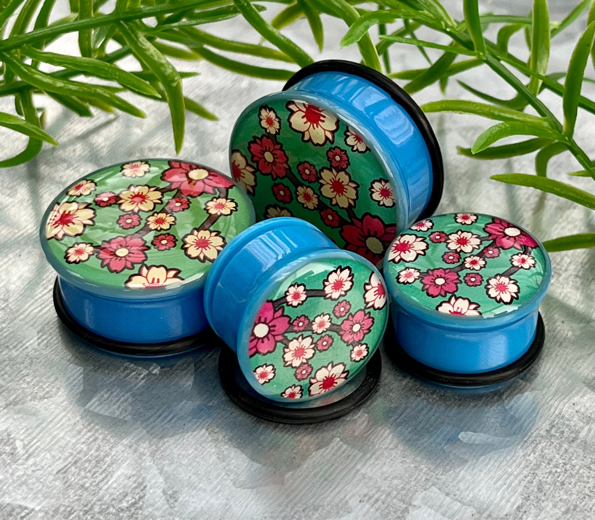 PAIR of Unique Flower Print Single Flare Acrylic Plugs with O-Rings - Green, Blue or Purple - Gauges 1/2" (12mm) thru 1" (26mm) available!
