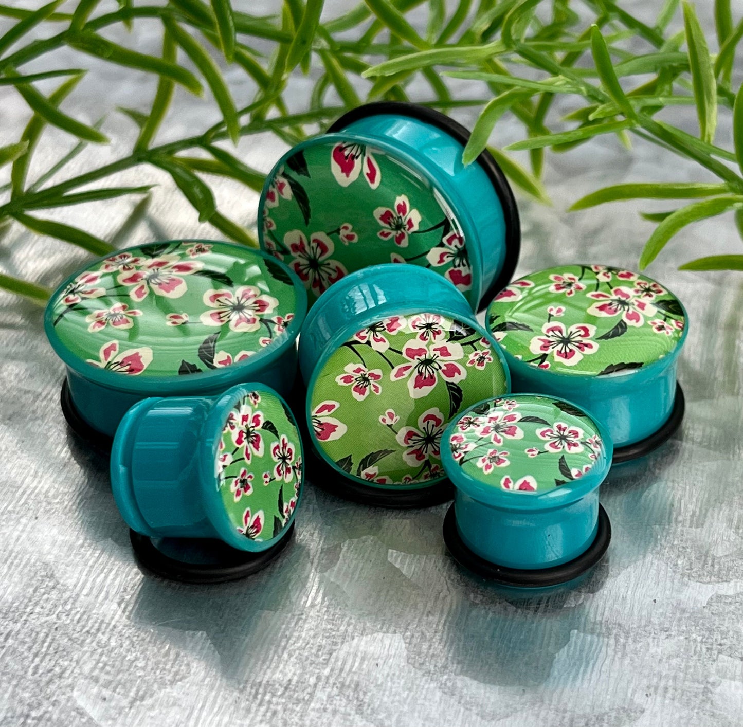 PAIR of Unique Flower Print Single Flare Acrylic Plugs with O-Rings - Green, Blue or Purple - Gauges 1/2" (12mm) thru 1" (26mm) available!