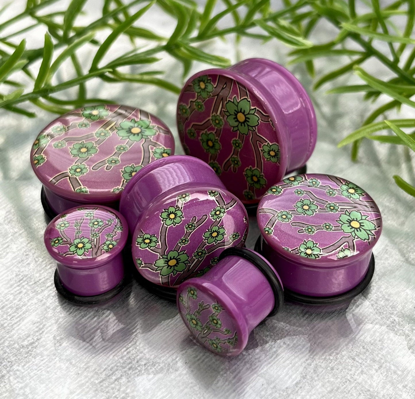 PAIR of Unique Flower Print Single Flare Acrylic Plugs with O-Rings - Green, Blue or Purple - Gauges 1/2" (12mm) thru 1" (26mm) available!