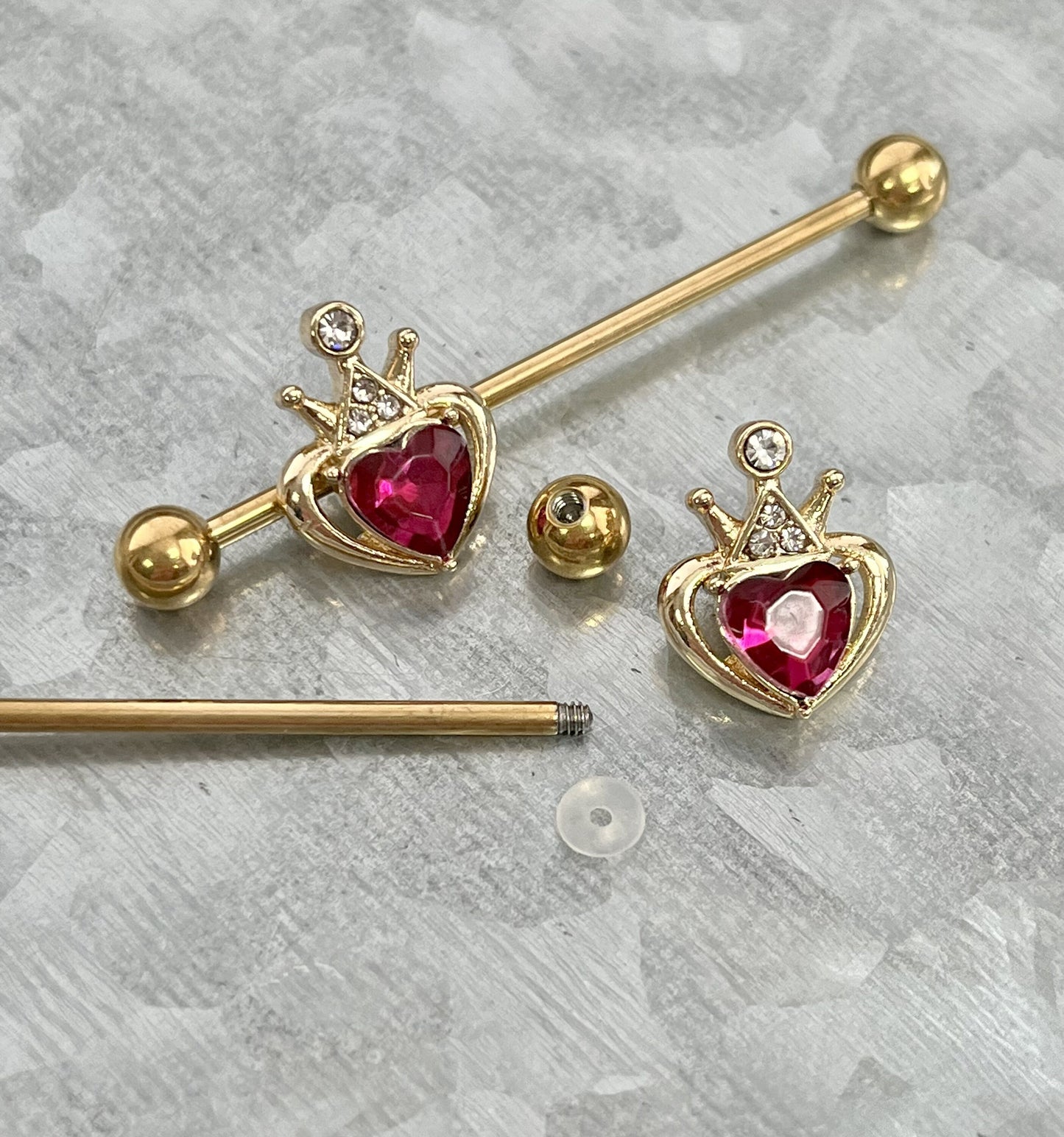 1 PIECE Stunning Gold Crown Fuchsia Heart Industrial Barbell - 14g - Wearable Length (38mm) 1&1/2" Available!