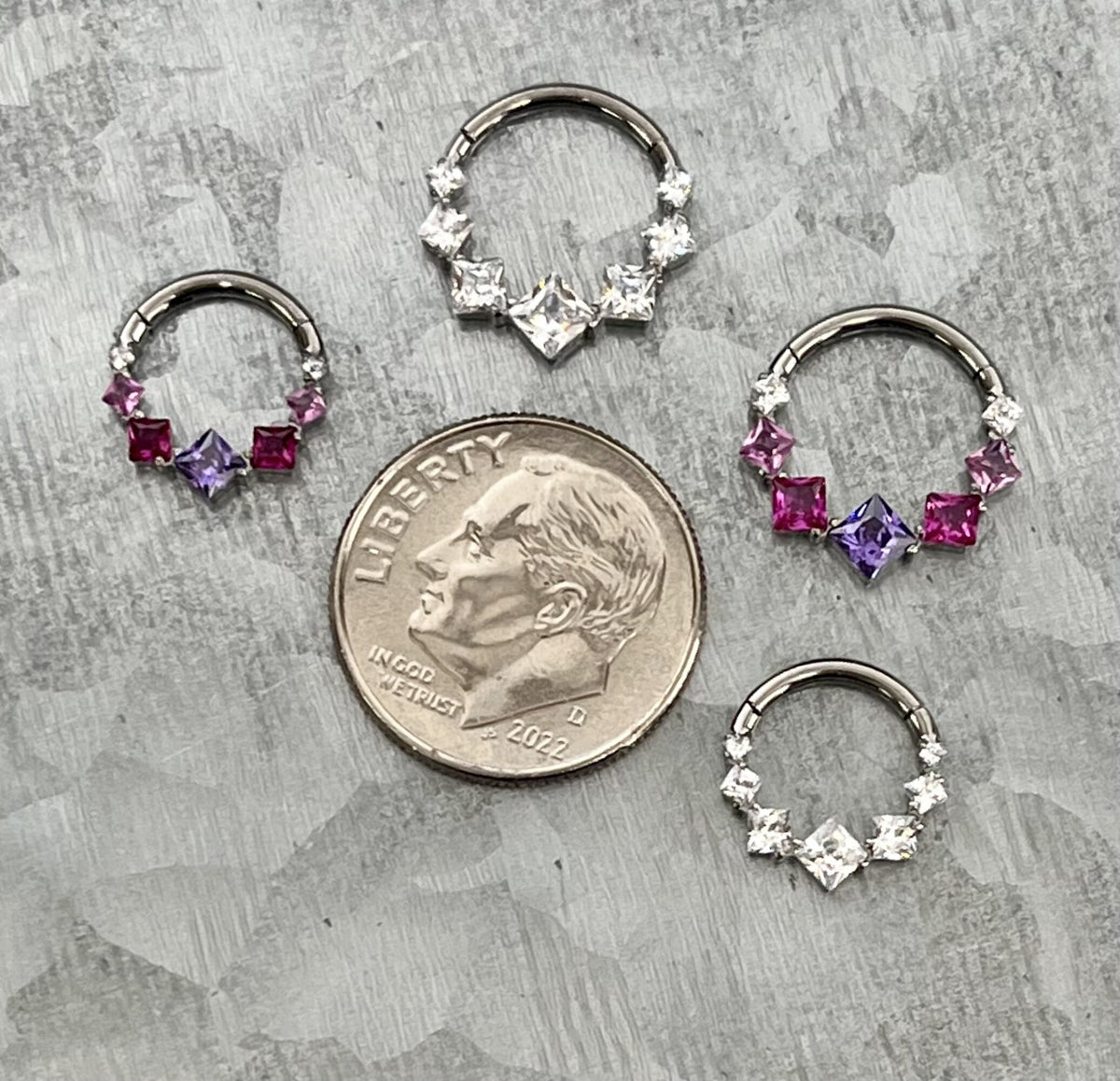 1 Piece Solid Titanium 7 Square CZ Gems Hinged Segment Septum Ring - Clear or Multi-Colored - 16g, Diameter 10mm or 8mm available!