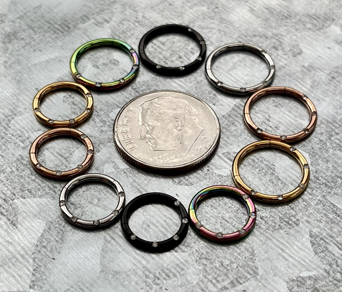 1 Piece Beautiful Five Flush Gems Hinged Segment Septum Ring - 16g - 10mm & 8mm - Black, Gold, Rainbow, Rose Gold or Silver Available!
