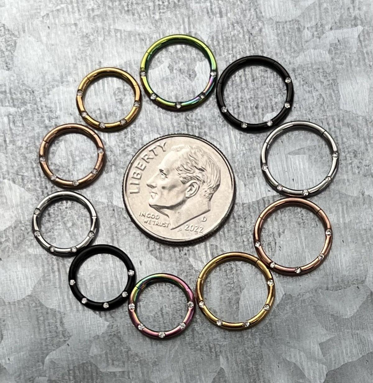 1 Piece Beautiful Five Flush Gems Hinged Segment Septum Ring - 16g - 10mm & 8mm - Black, Gold, Rainbow, Rose Gold or Silver Available!