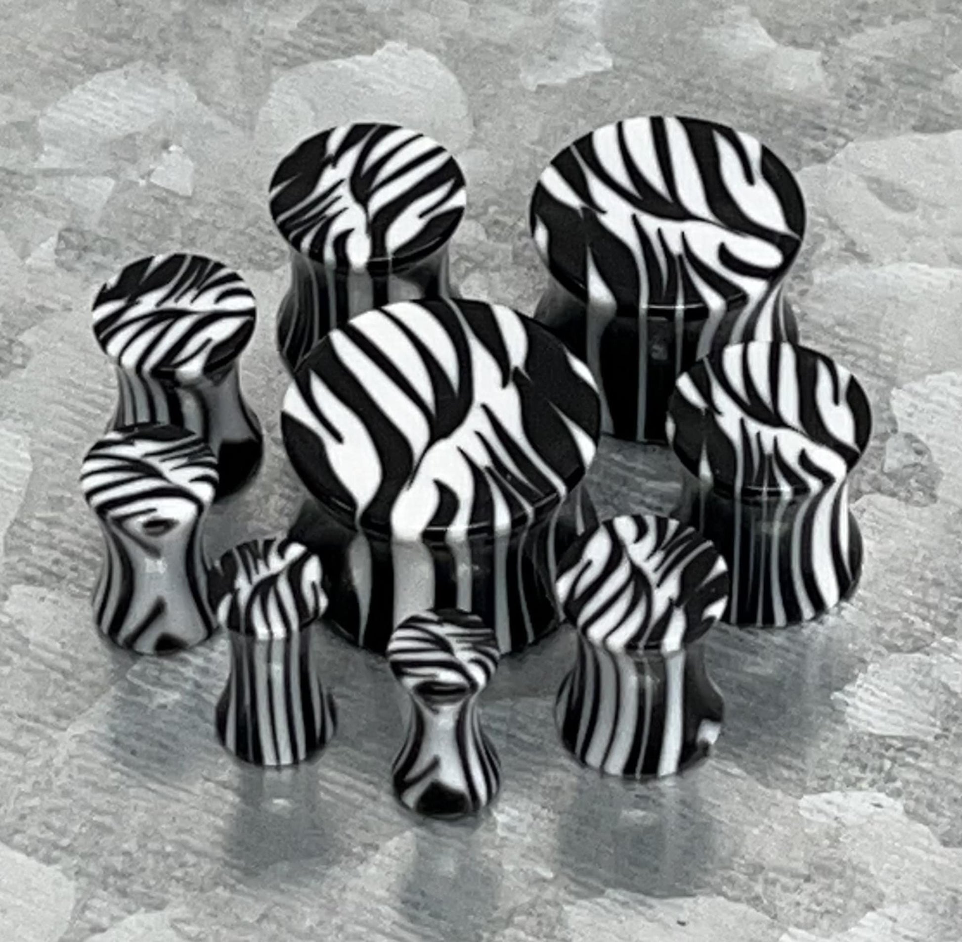 PAIR of Unique Zebra / White Tiger Acrylic Saddle Plugs Saddle Plugs - Gauges 8g (3.2mm) thru 9/16" (16mm) available!