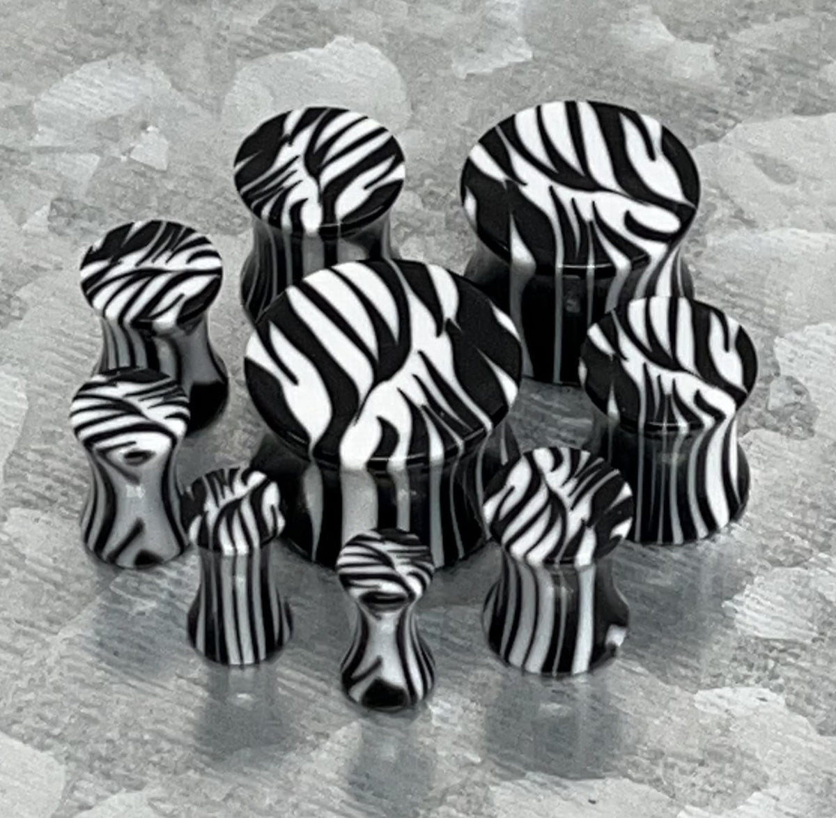PAIR of Unique Zebra / White Tiger Acrylic Saddle Plugs Saddle Plugs - Gauges 8g (3.2mm) thru 9/16" (16mm) available!
