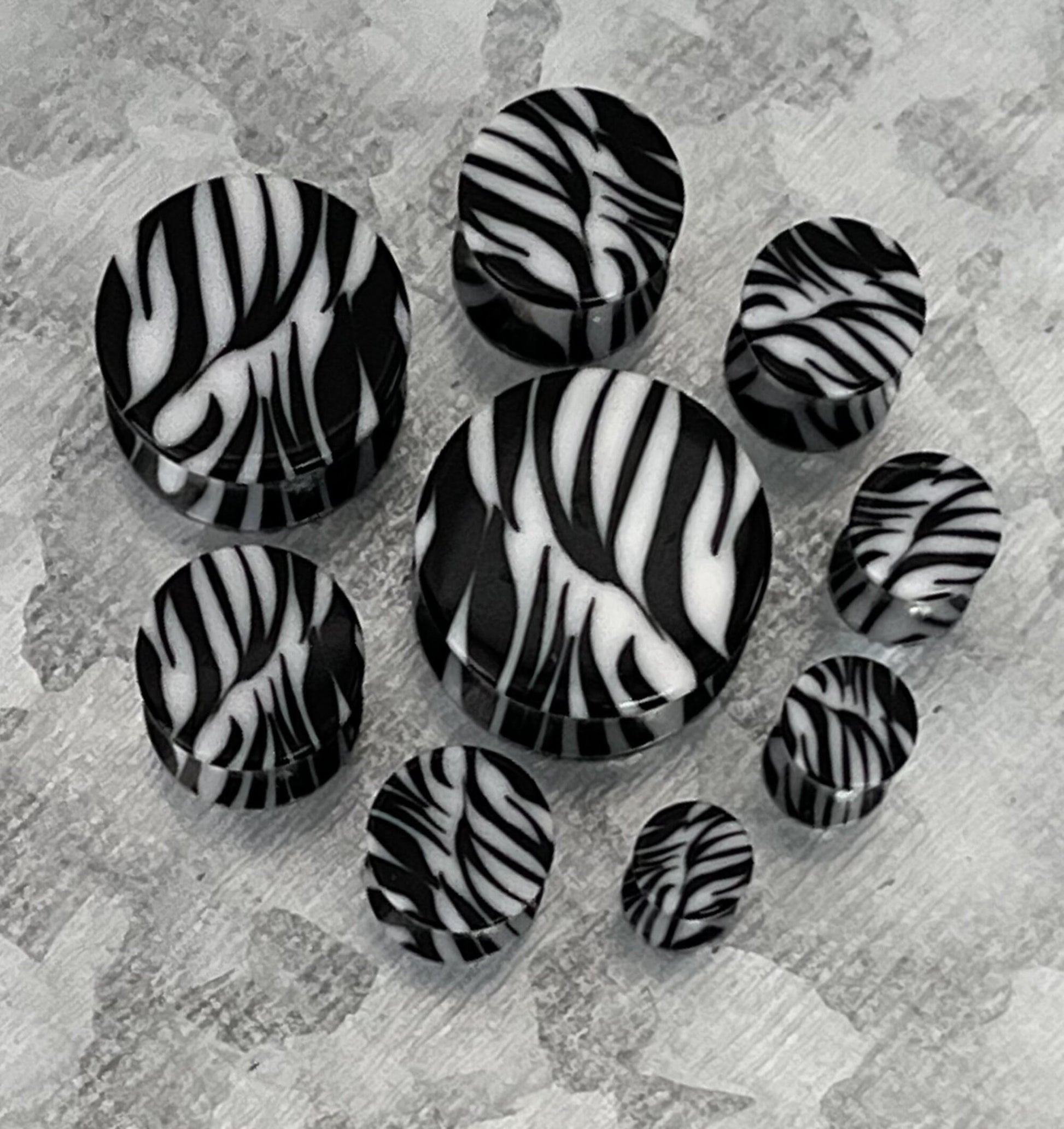 PAIR of Unique Zebra / White Tiger Acrylic Saddle Plugs Saddle Plugs - Gauges 8g (3.2mm) thru 9/16" (16mm) available!