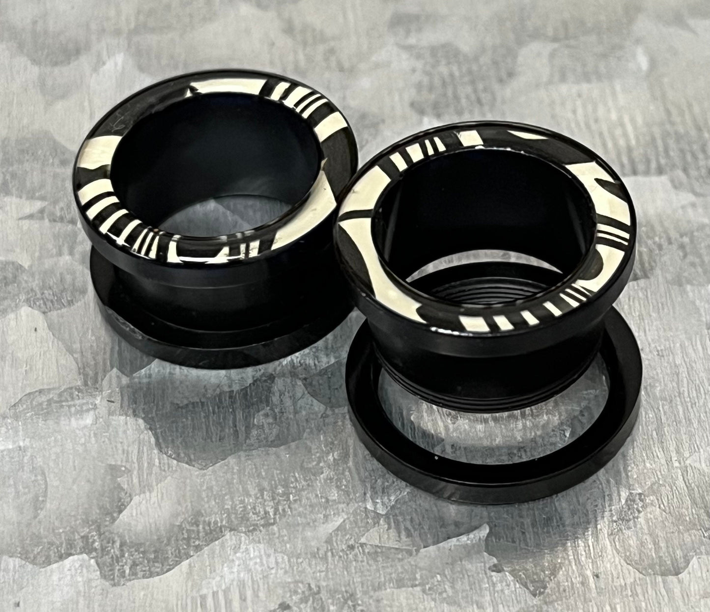 PAIR of Unusual Zebra / White Tiger Print Acrylic Screw Fit Tunnel Plugs - Gauges 2g (6mm) thru 5/8" (16mm) available!