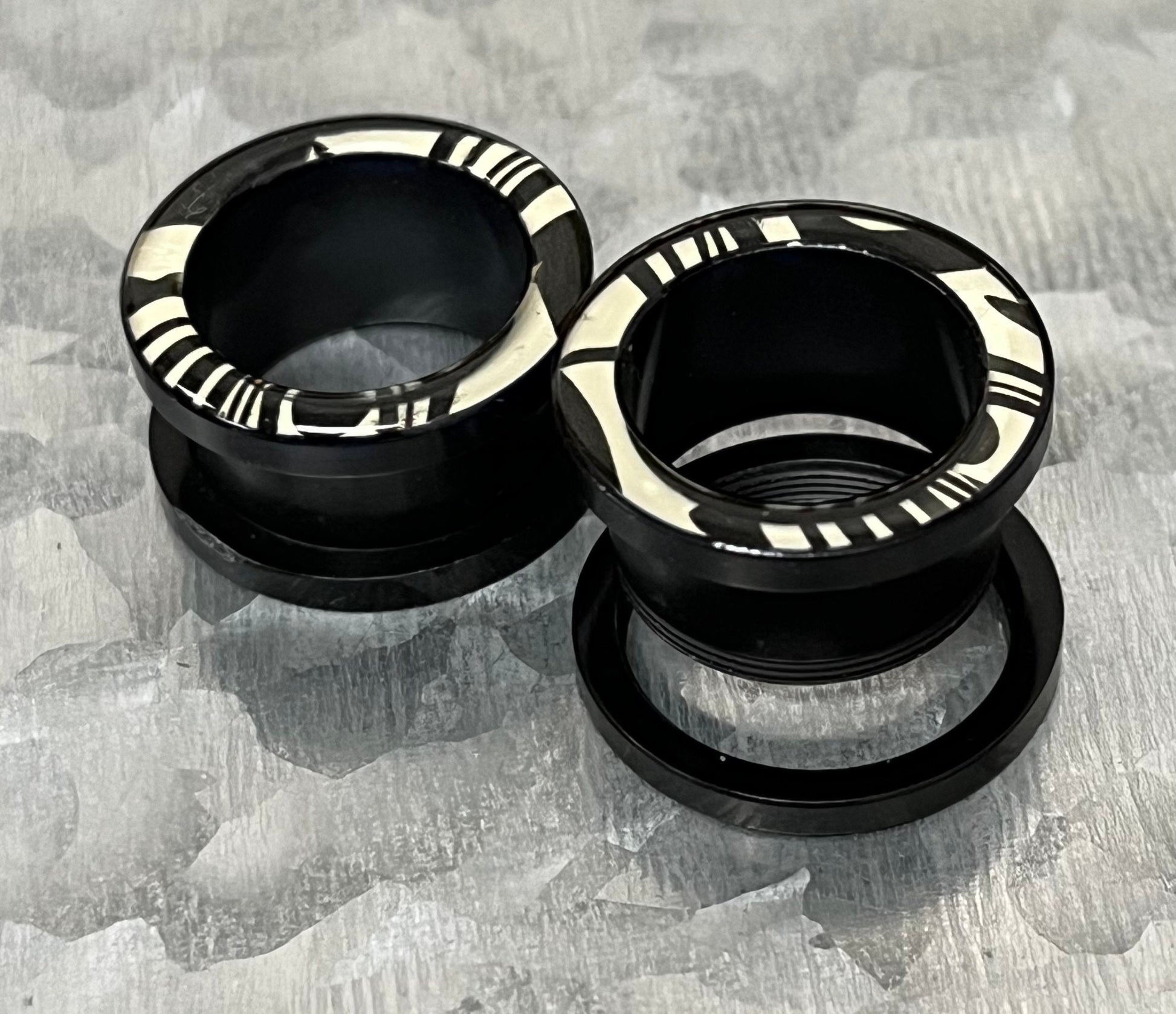 PAIR of Unusual Zebra / White Tiger Print Acrylic Screw Fit Tunnel Plugs - Gauges 2g (6mm) thru 5/8" (16mm) available!