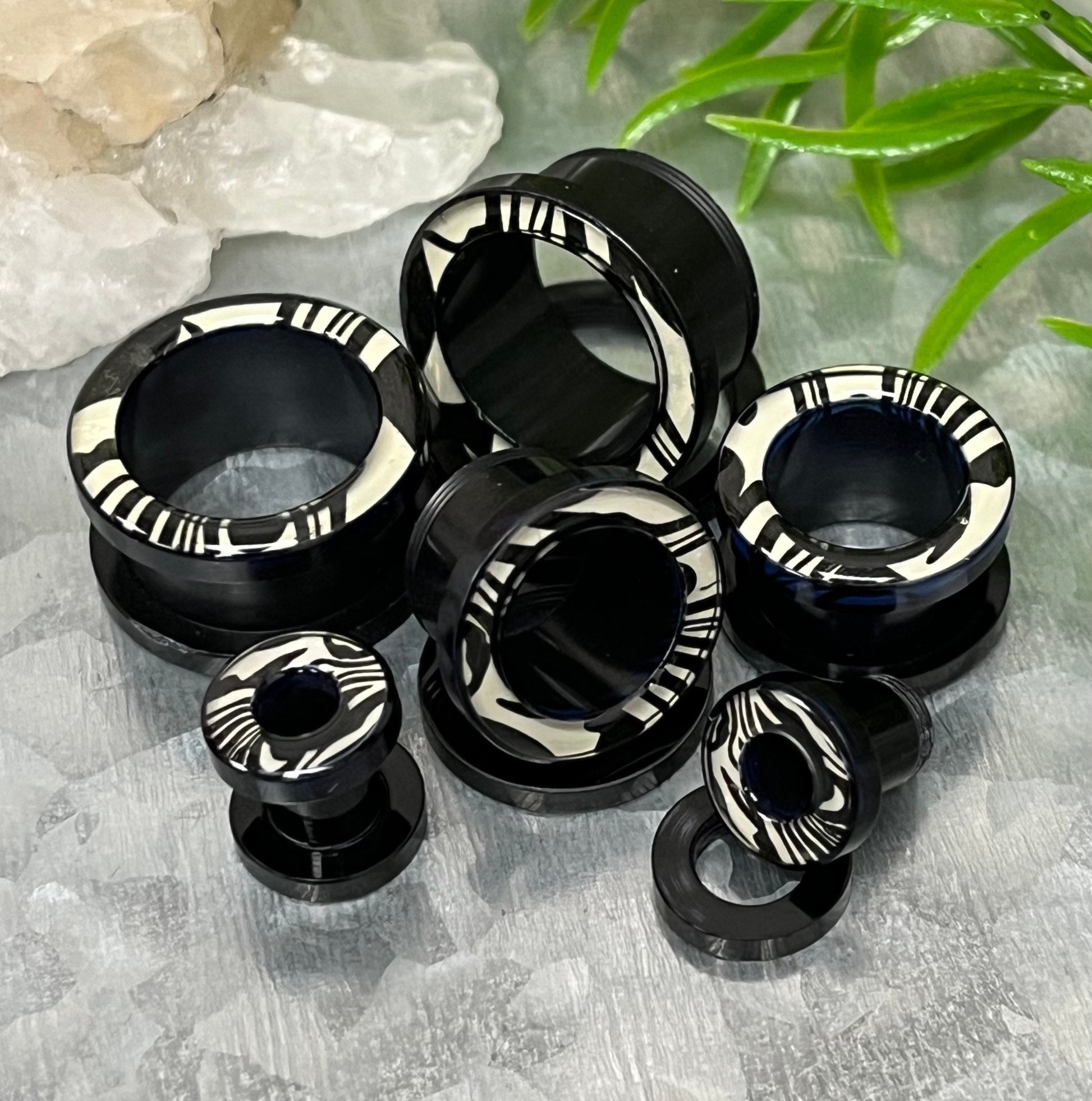 PAIR of Unusual Zebra / White Tiger Print Acrylic Screw Fit Tunnel Plugs - Gauges 2g (6mm) thru 5/8" (16mm) available!