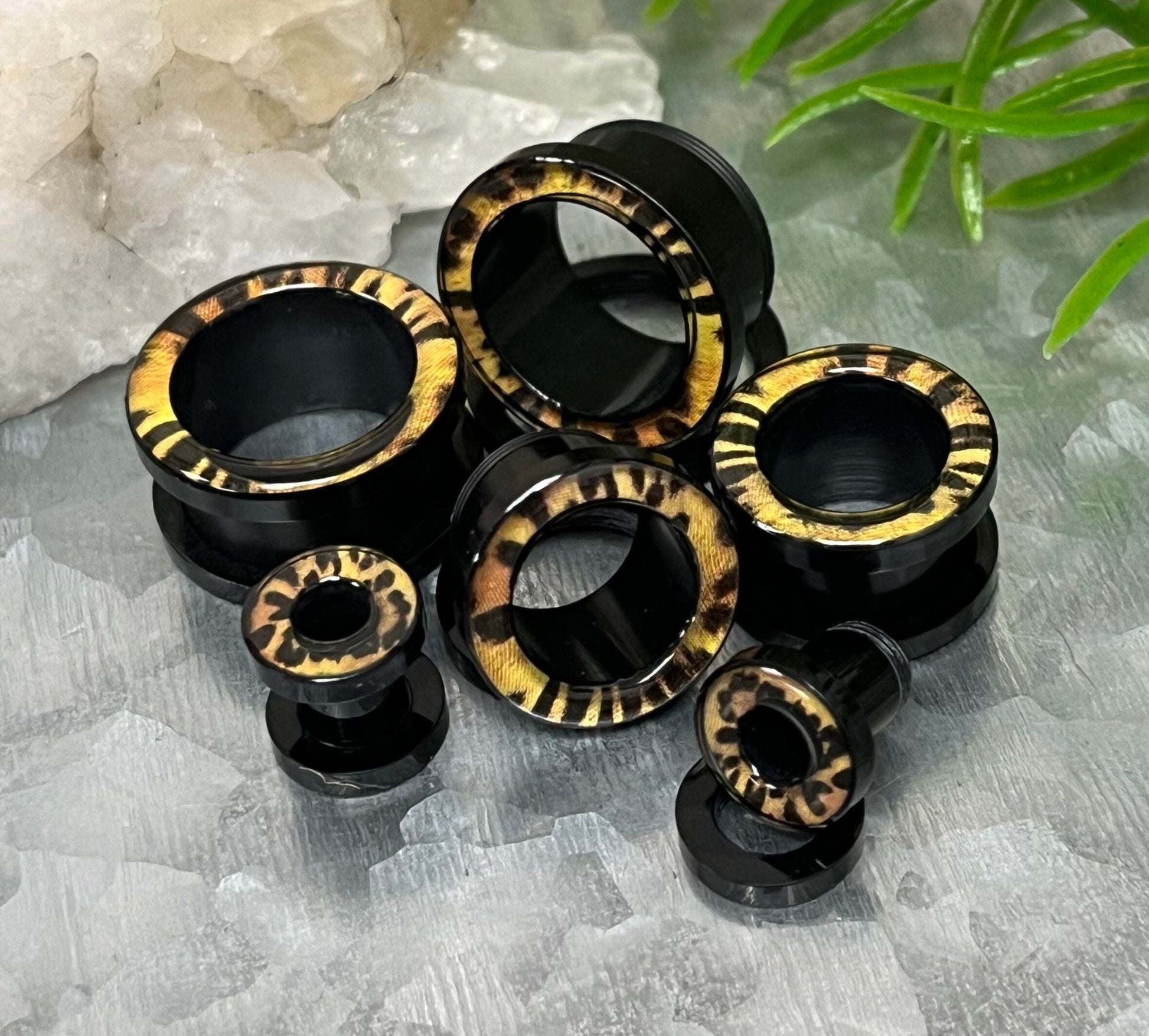 PAIR of Unique Leopard Print Acrylic Screw Fit Tunnel Plugs - Gauges 2g (6mm) thru 5/8" (16mm) available!