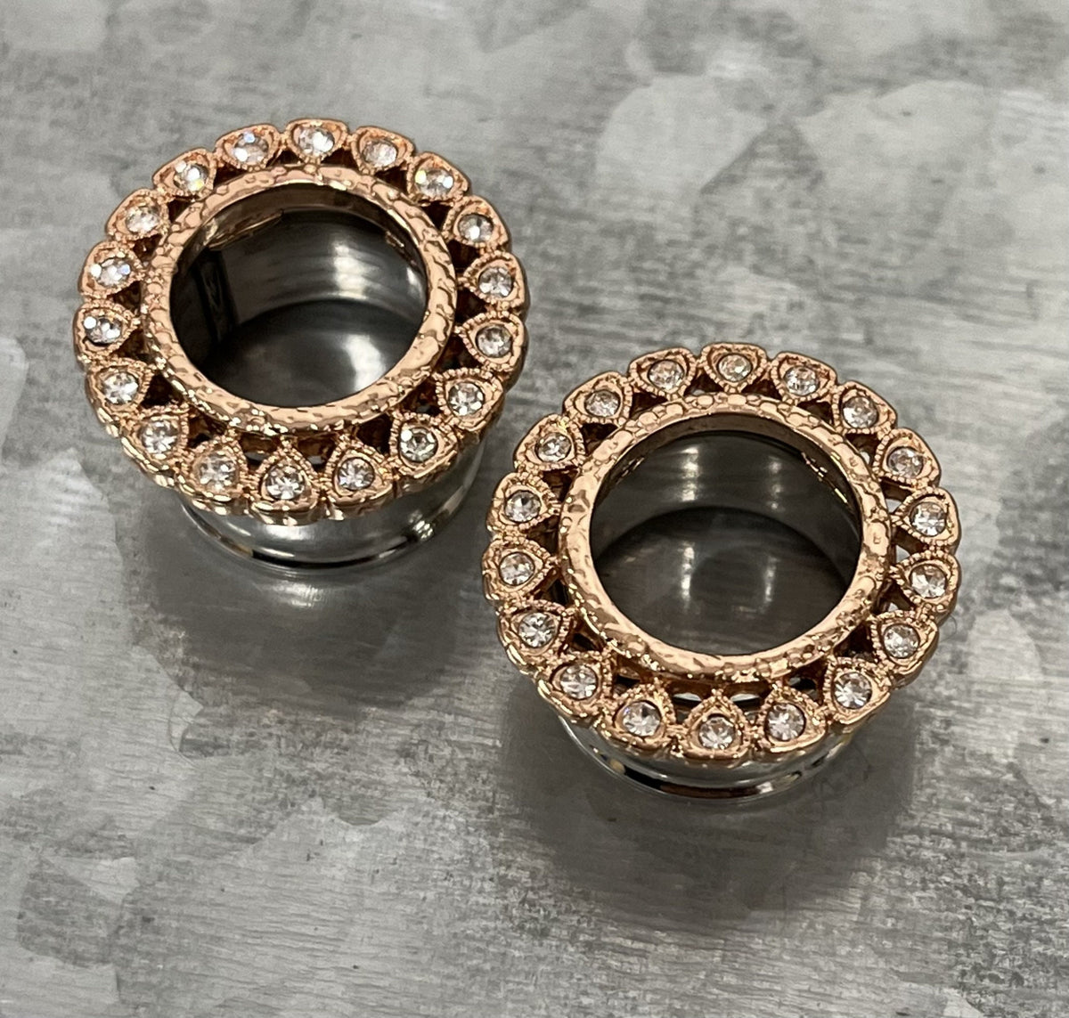 PAIR of Unusual CZ Gemmed Heart Surrounded Double Flare Stainless Steel Tunnels- Gauges 2g(6mm) thru 5/8"(16mm) in Gold, Rose Gold & Silver!