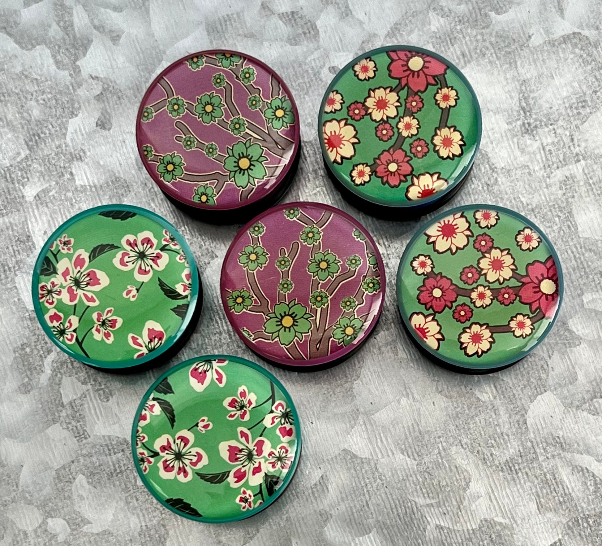 PAIR of Unique Flower Print Single Flare Acrylic Plugs with O-Rings - Green, Blue or Purple - Gauges 1/2" (12mm) thru 1" (26mm) available!